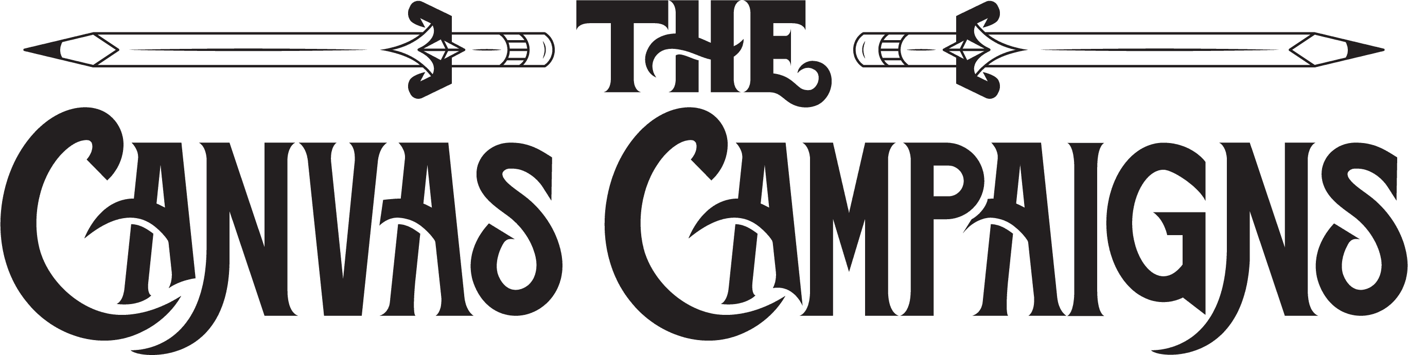 The Canvas Campaigns logo. Swords which look like pencils line the sides of the word "The".
