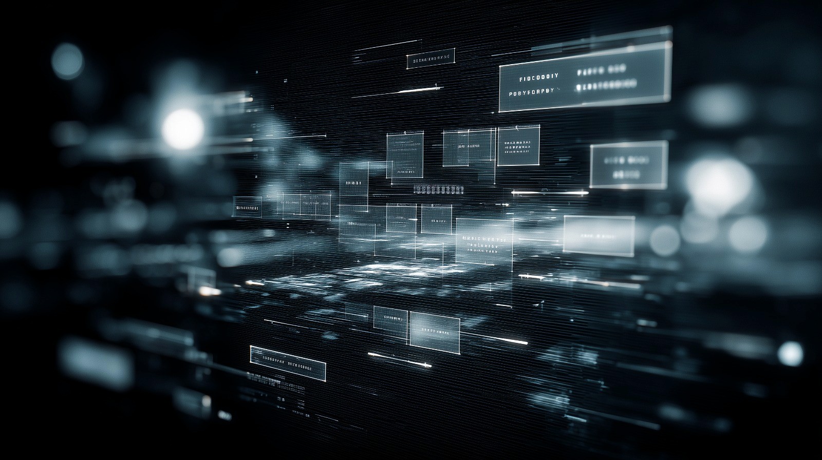 Alt text: Abstract futuristic interface with glowing translucent panels suspended in motion over a dark background, suggesting a decision engine or policy layer processing complex data flows.