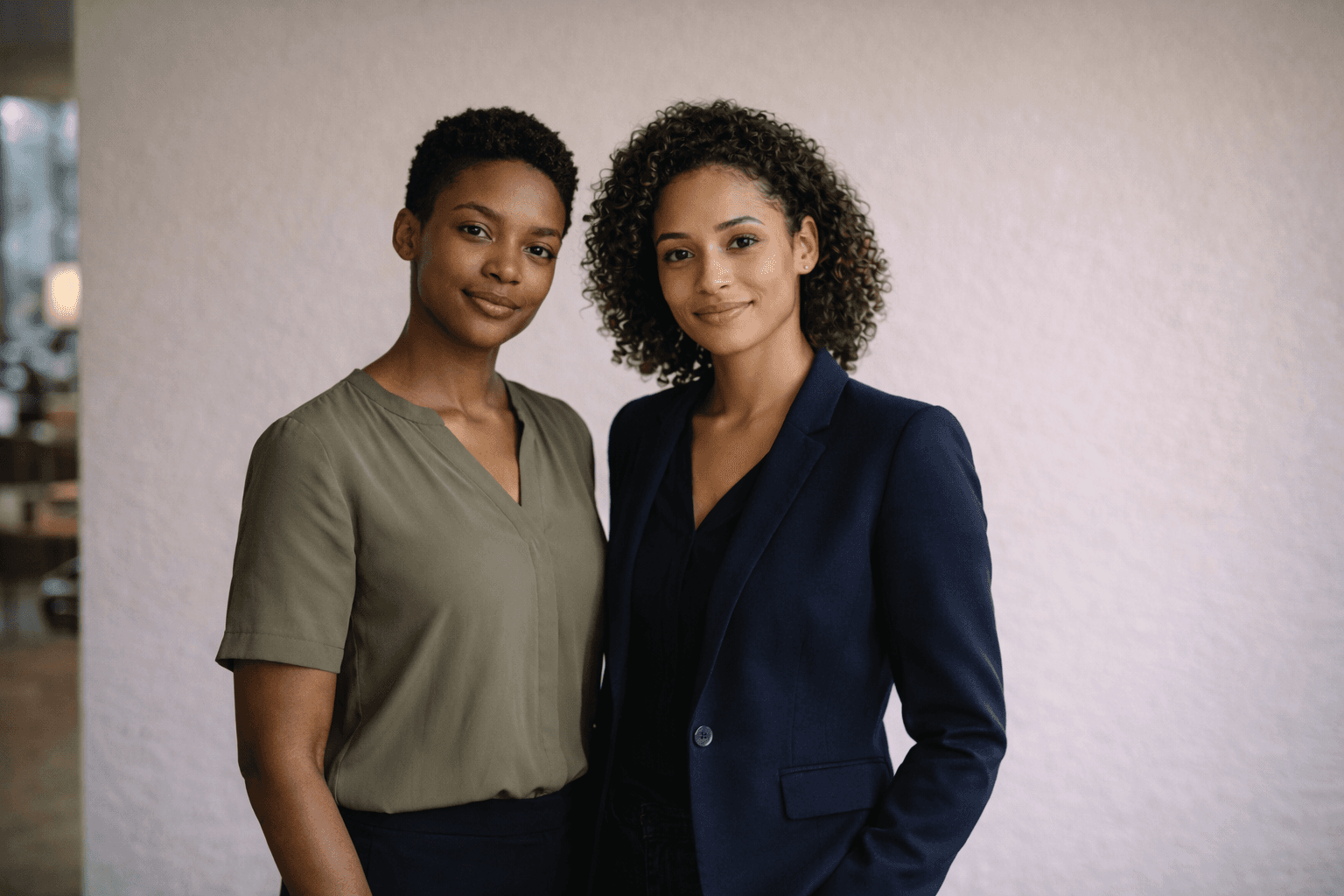 Two women are standing side by side against a beige wall, smiling confidently, one wearing a green shirt and the other in a dark blazer, with soft lighting casting gentle shadows.