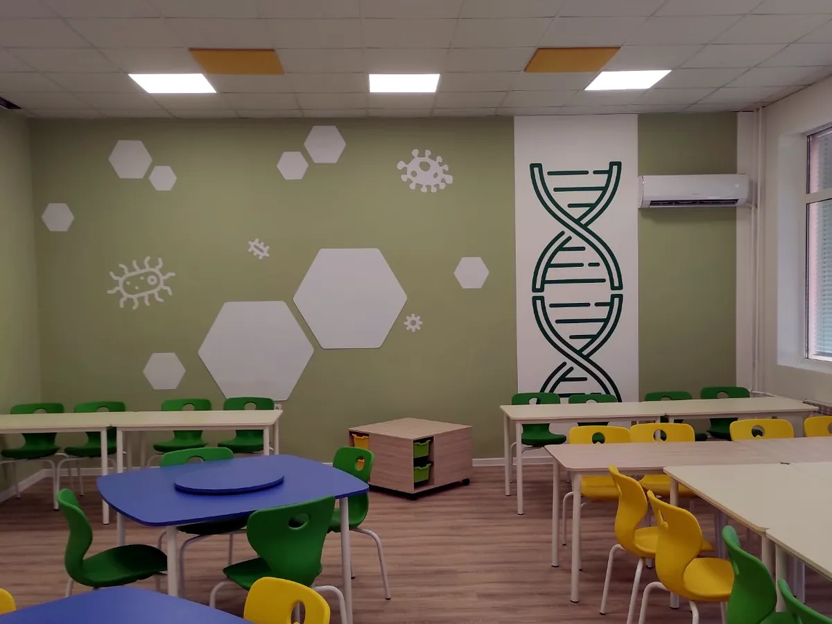 Green and yellow stackable school chairs in a classroom with science wall graphics
