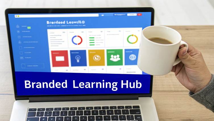 A hand holds a coffee mug next to a laptop displaying a 'Branded Learning Hub' dashboard.