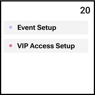 A calendar day in the venue management app shows the scheduled Event Setup and VIP Access Setup.