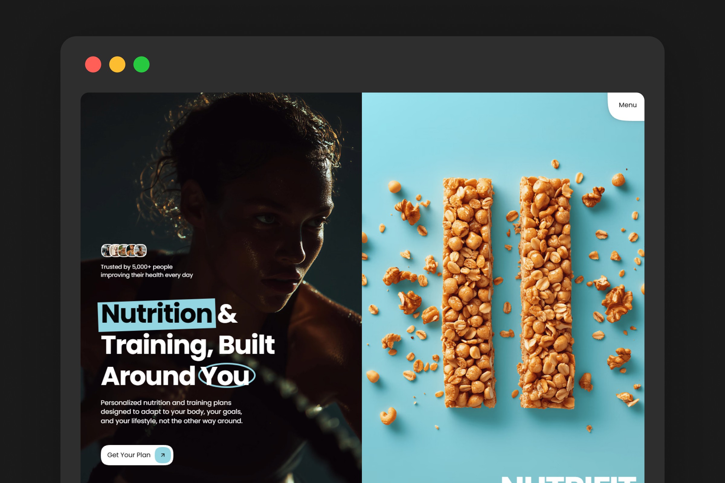 NutriFit Framer template hero section — dark background with athlete portrait, "Nutrition & Training, Built Around You" headline, bold colorful sports nutrition design