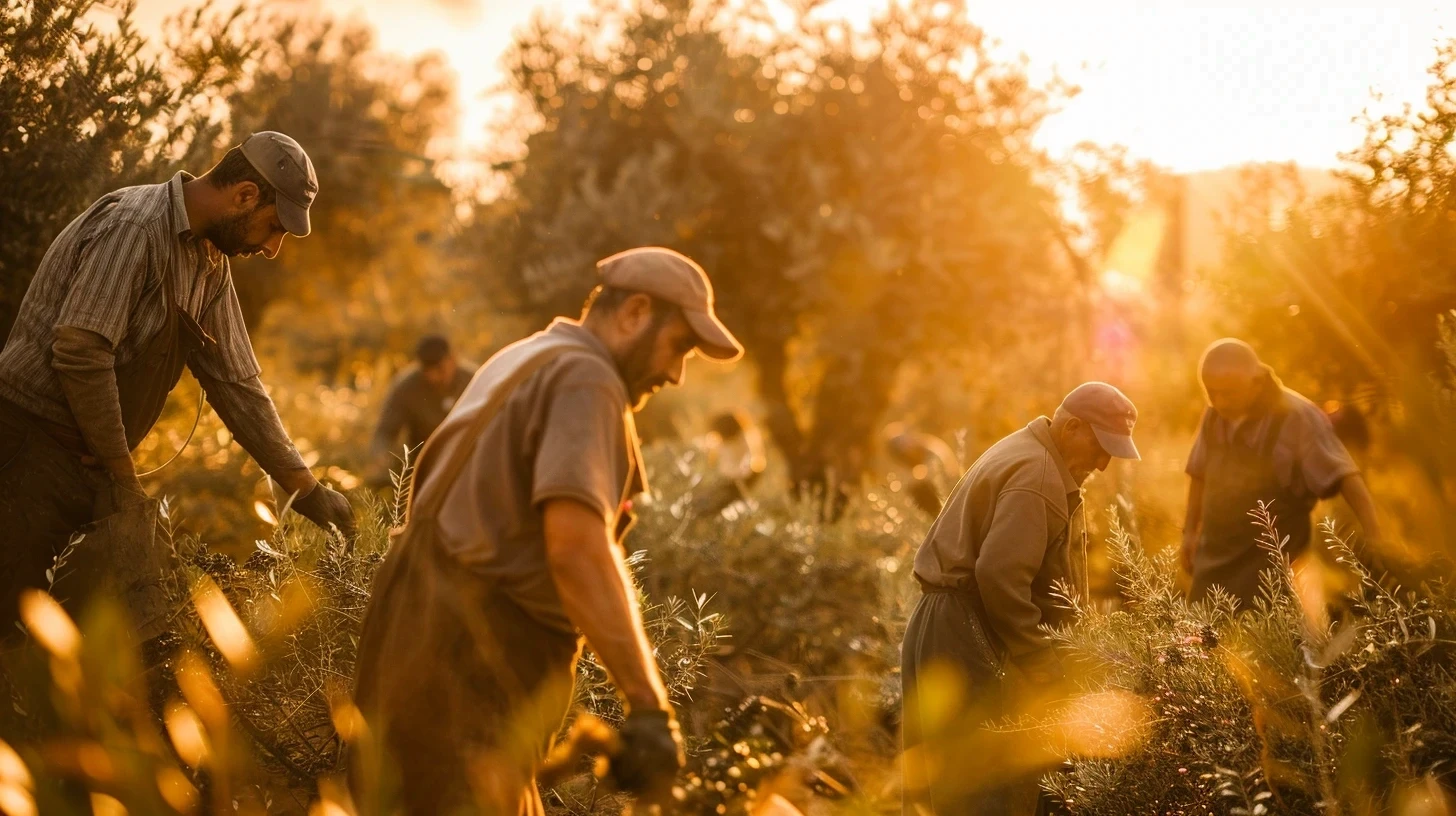 Olives being plucked by workers at sunrise