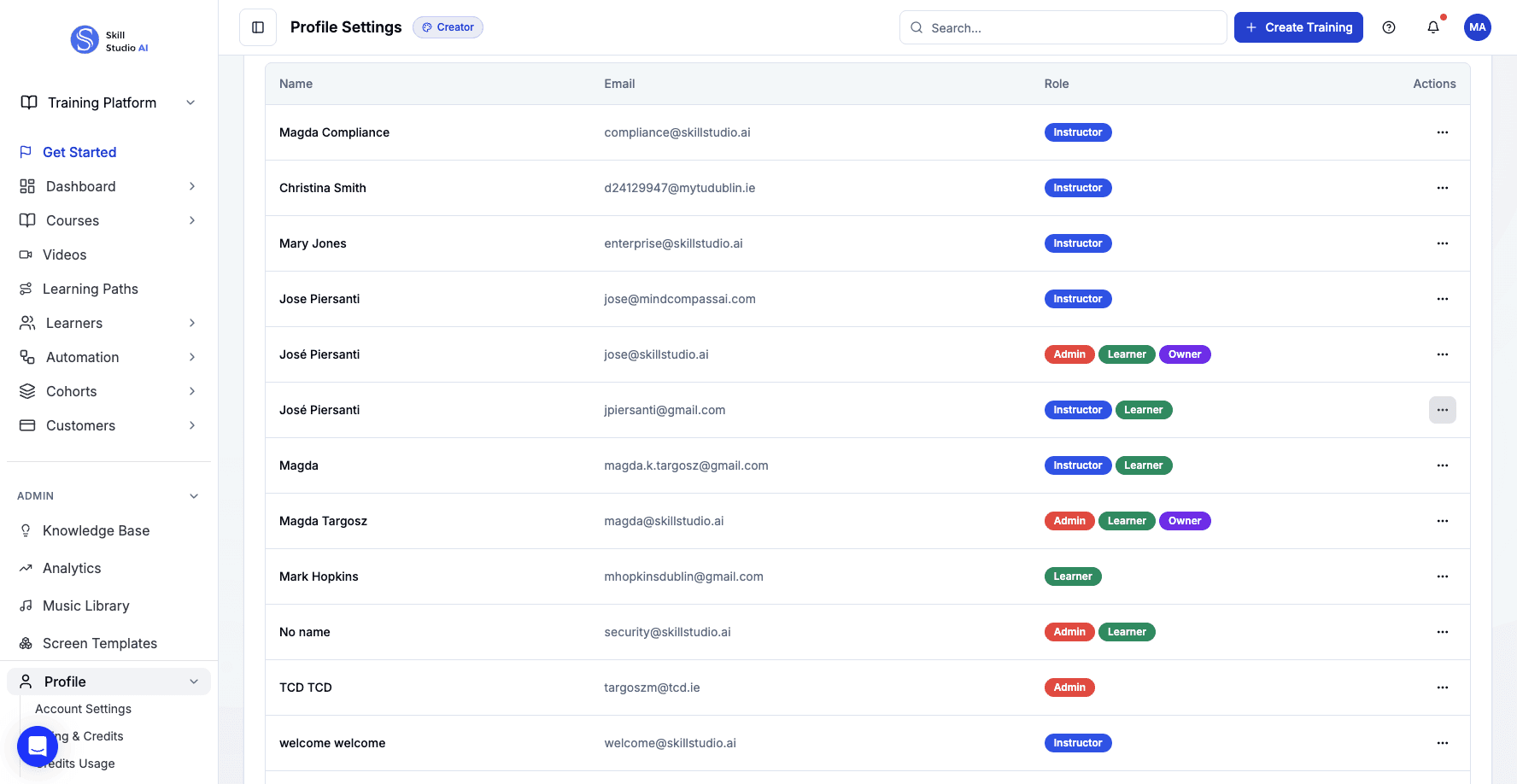 Open the actions menu once more to access user activity tracking.