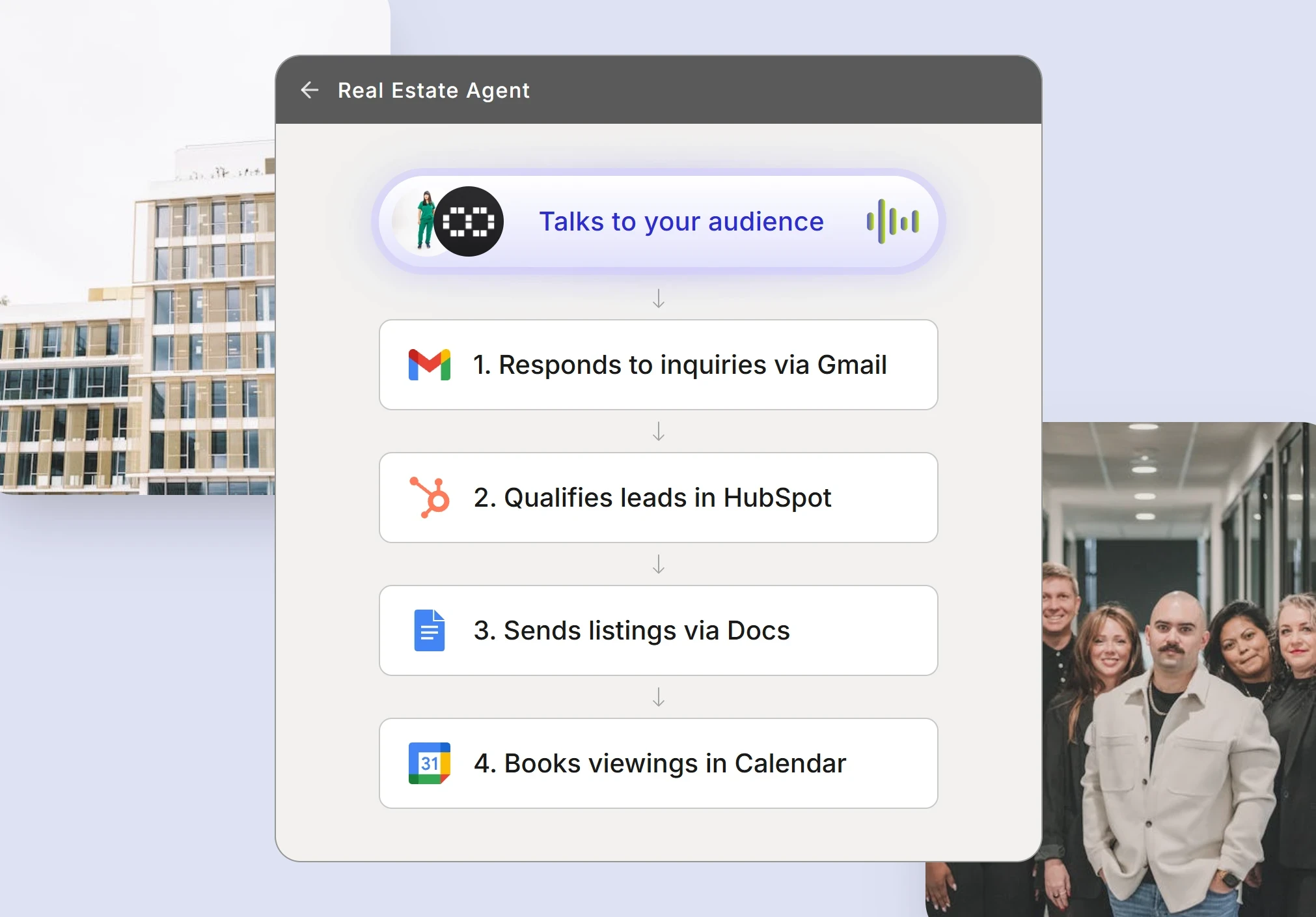 Automated real estate agents system workflow showing lead qualification and booking