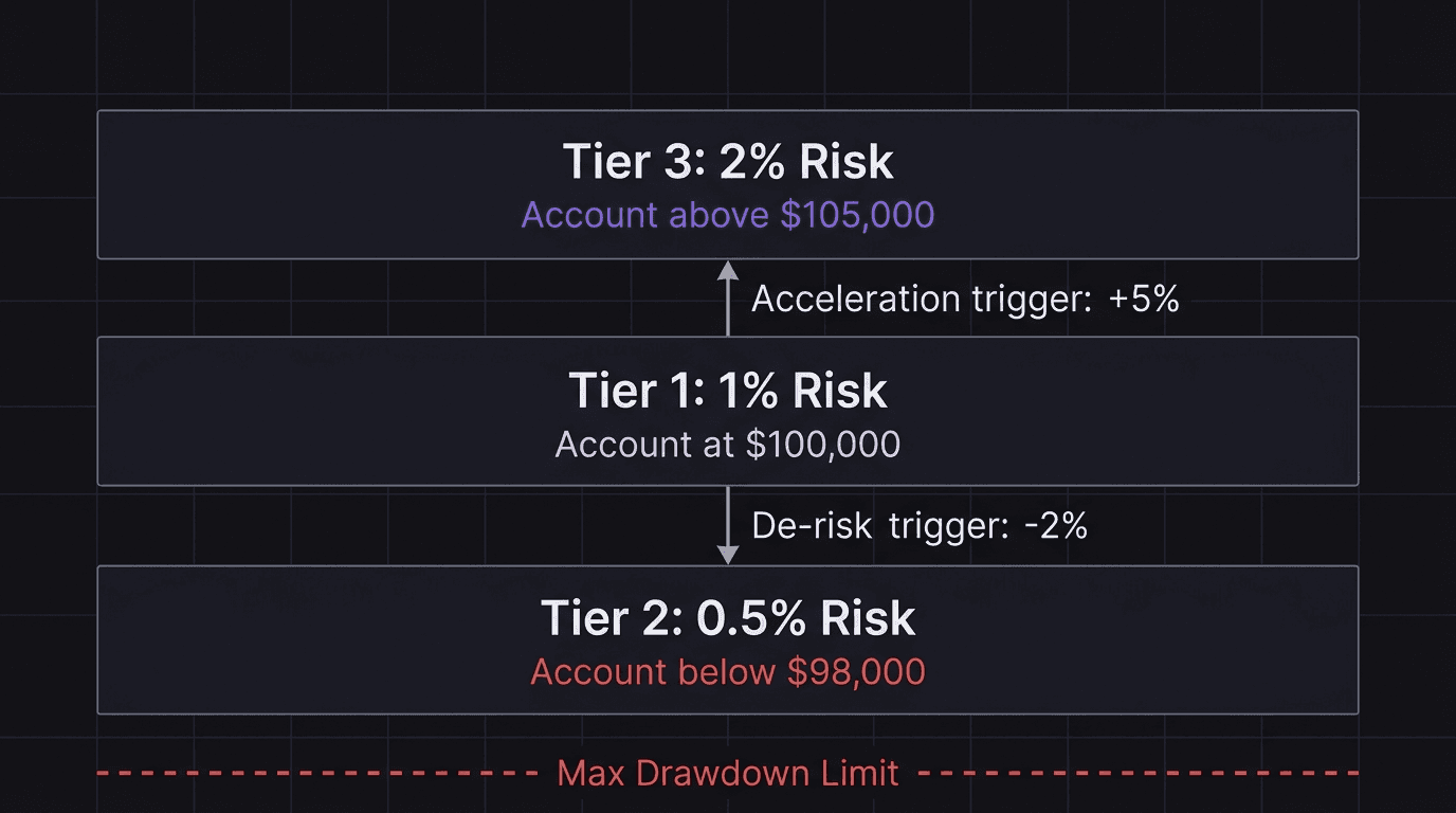 Diagram showing the 3-tier funded challenge risk framework with account balance triggers at $98,000, $100,000, and $105,000