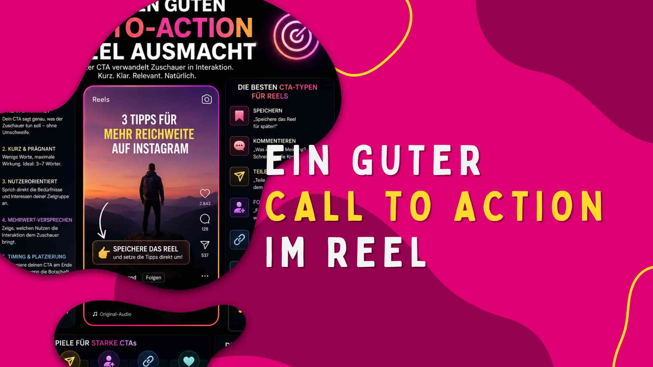 Smartphone mit Social-Media-Benachrichtigungen auf farbigem Verlauf – Text: Was einen guten Call-to-Action im Reel ausmacht. Klar. Sichtbar. Wirkungsvoll