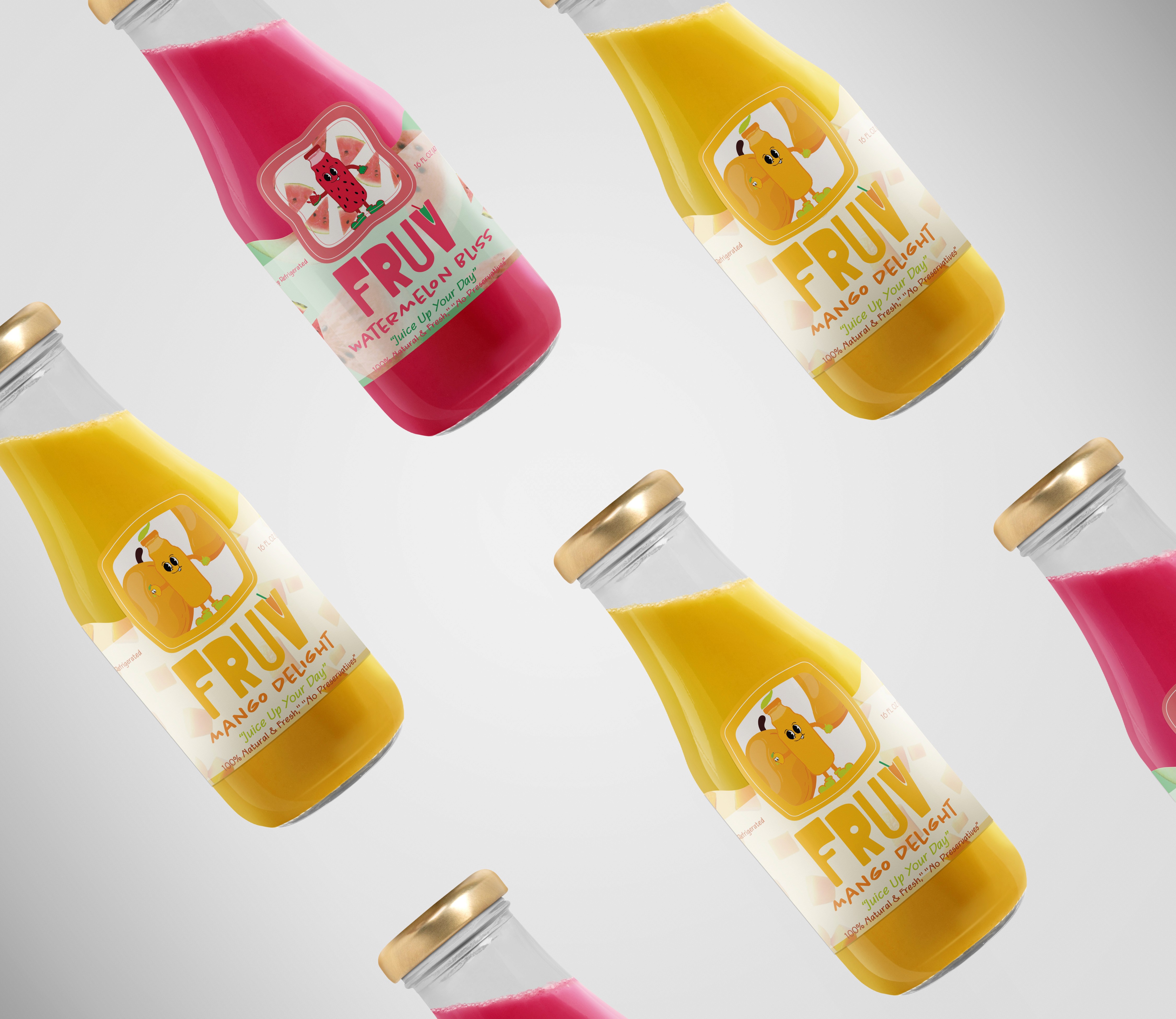 alt="FRUV juice branding project showing colorful fruit beverage packaging design"