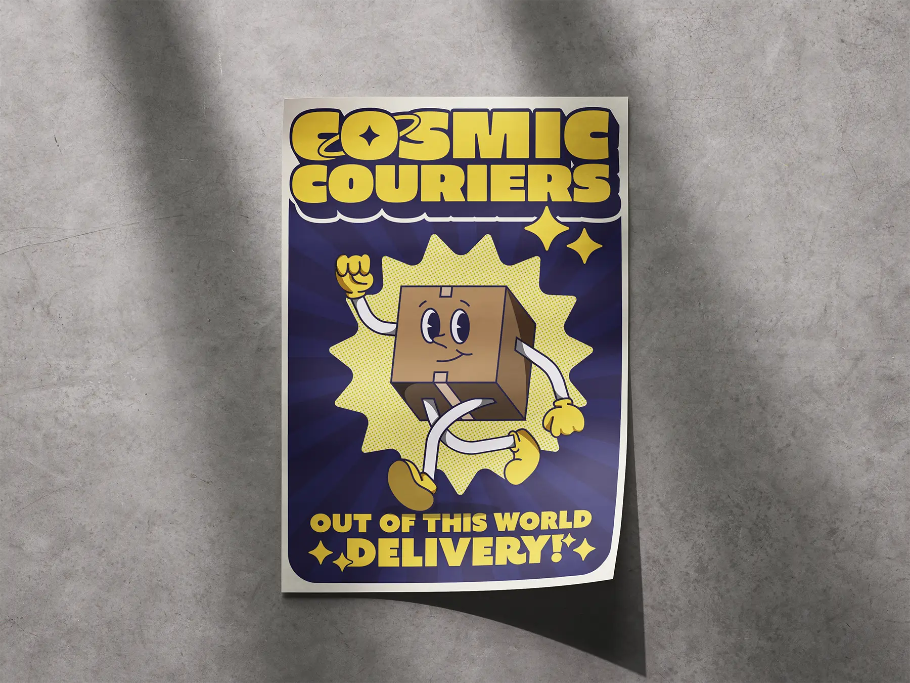Cosmic Couriers Out of this world delivery poster on a concrete wall