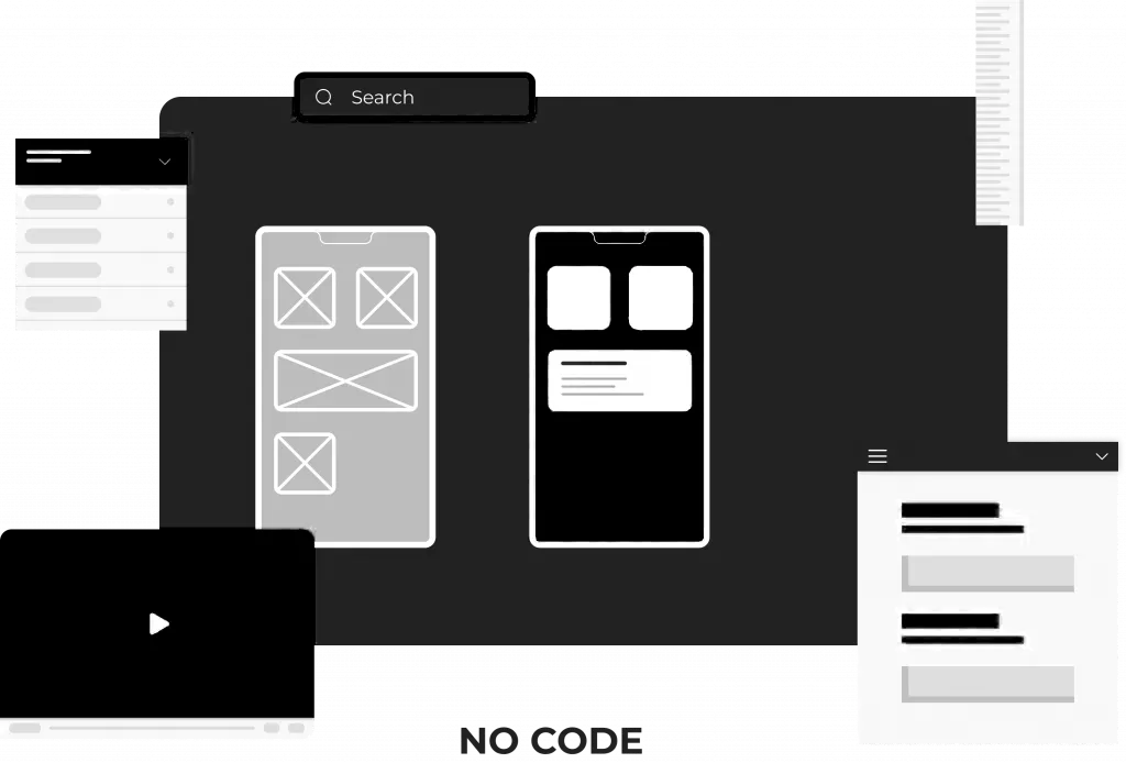 Black-and-white illustration of no-code building blocks: app wireframes, video player and search bar