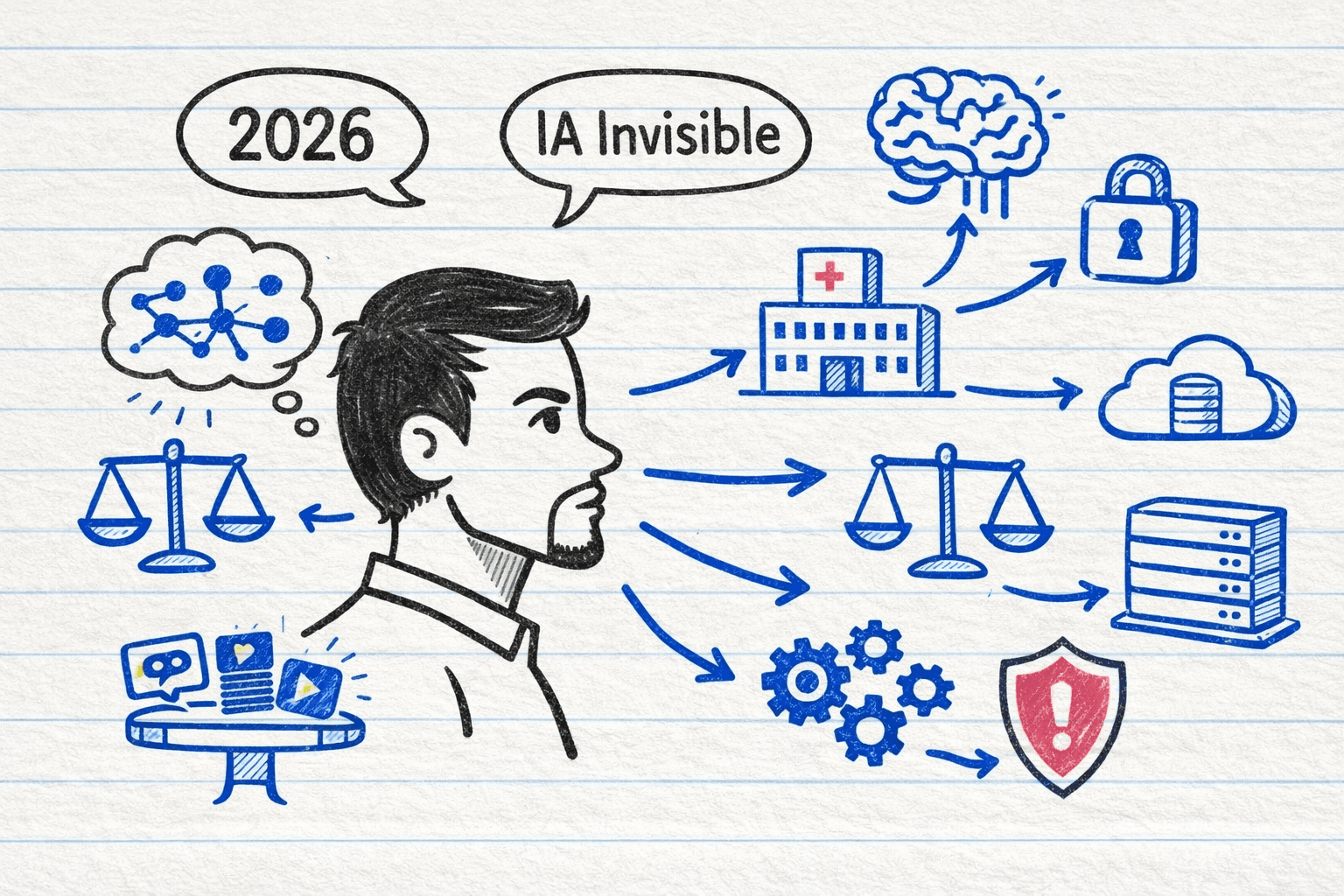 **Alt Text para la imagen:**  Ilustración estilo doodle de emprendedor rodeado de 10 iconos tecnológicos de IA en azul representando predicciones 2026: cerebro digital, candado seguridad, hospital, nube datos, balanza legal, servidor, plataforma apps, engranajes multimodales, escudo alerta y red neuronal sobre fondo rayado de cuaderno