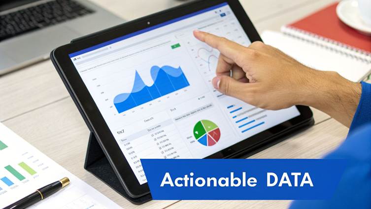 A hand interacts with a tablet displaying various data visualizations like graphs and charts on a desk.