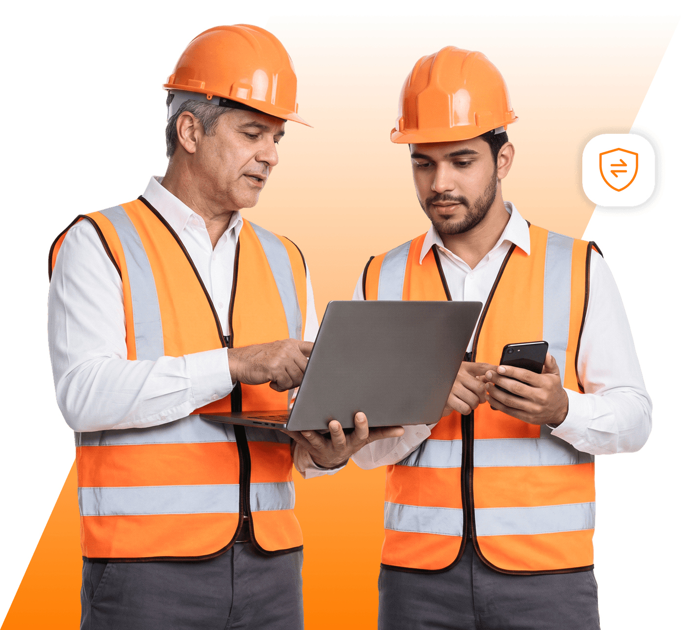 Plataforma GAP Sistemas exibida em desktop, tablet e celular, com duas pessoas usando capacetes, ilustrando a gestão SSMA digital e a segurança do trabalho.