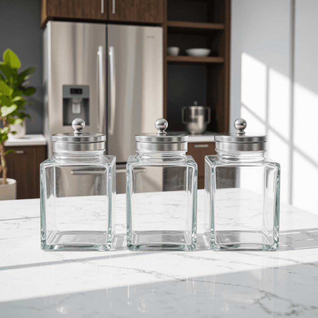 product photography of set of glass storage jars