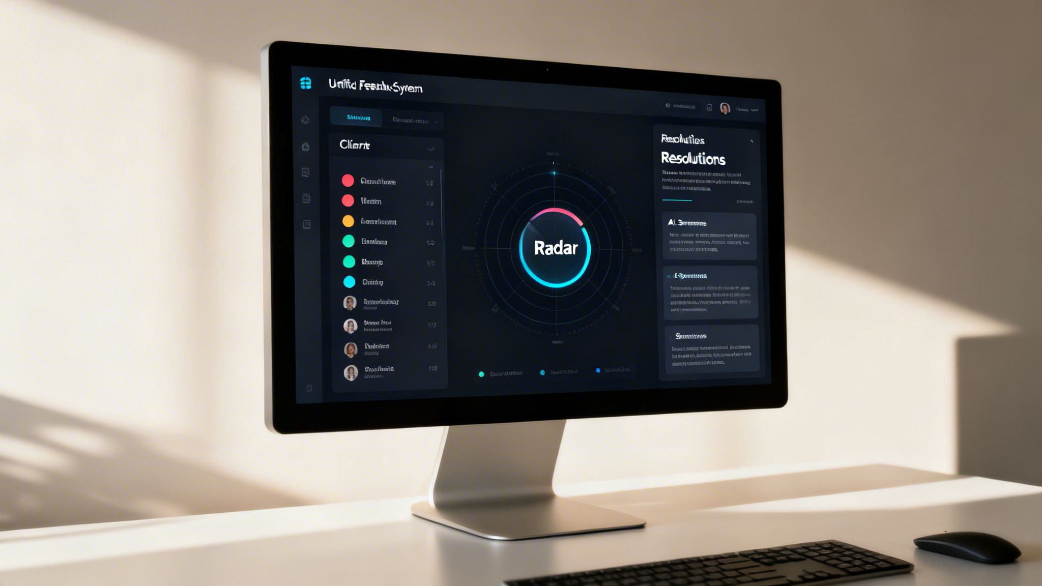 A computer monitor displays a dark-themed dashboard showing client lists, a radar graph, and resolutions.