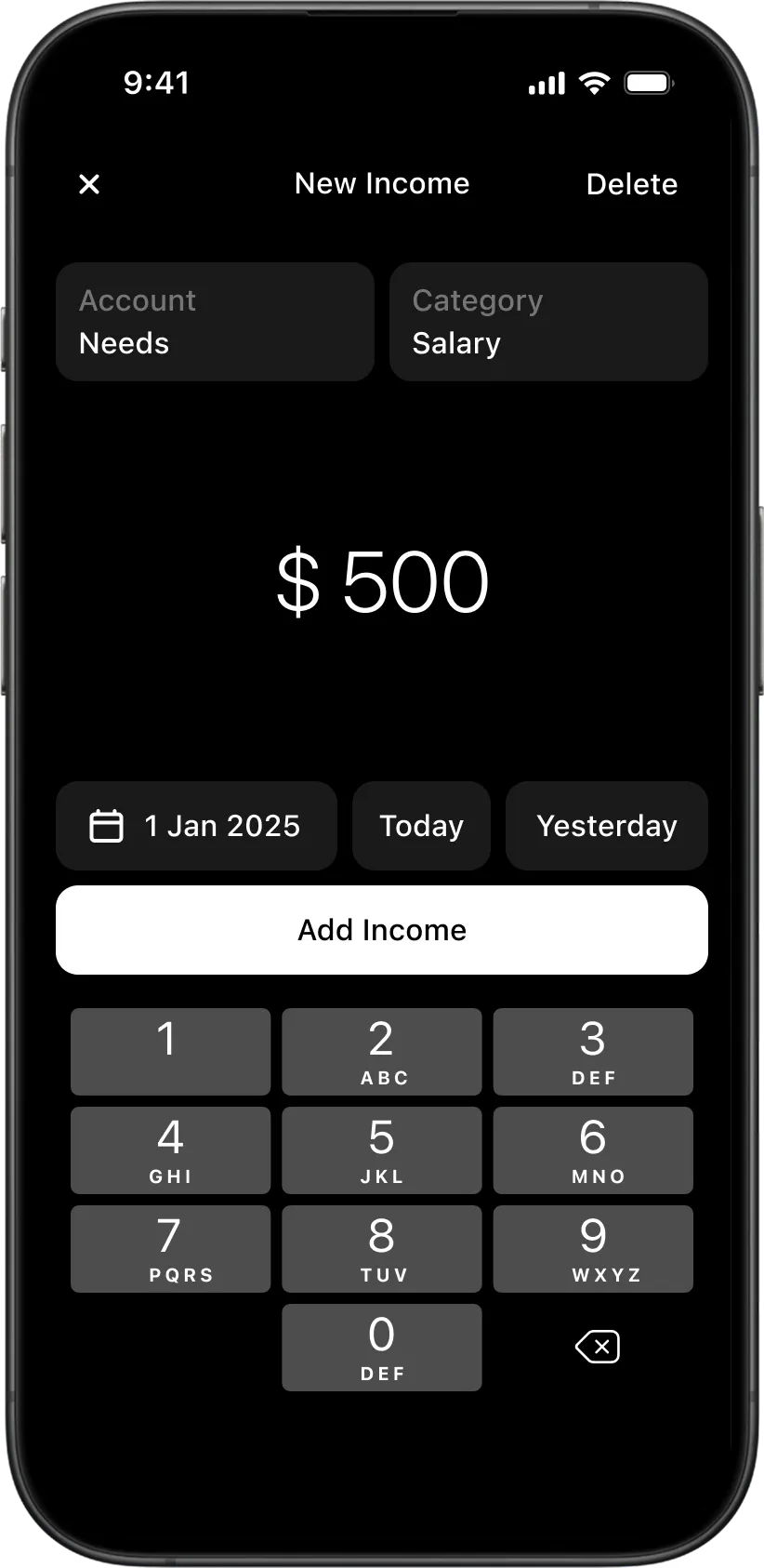 Income creation flow in the Wudget budgeting app with account selection, category assignment, and numeric input.
