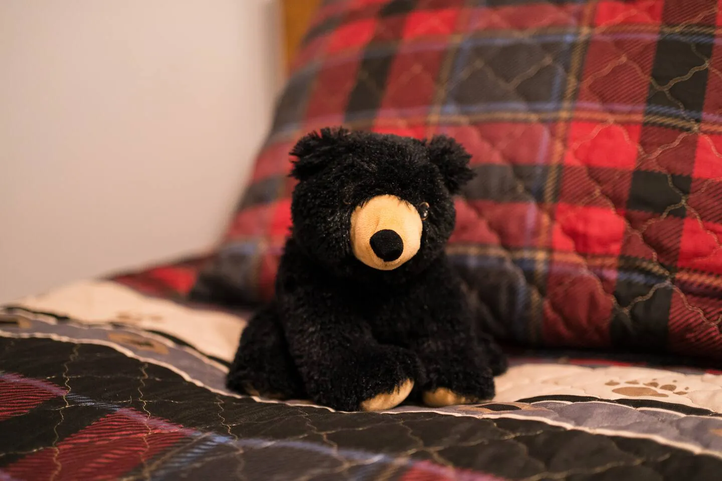 Plush black bear on a plaid quilt at Bella Vita