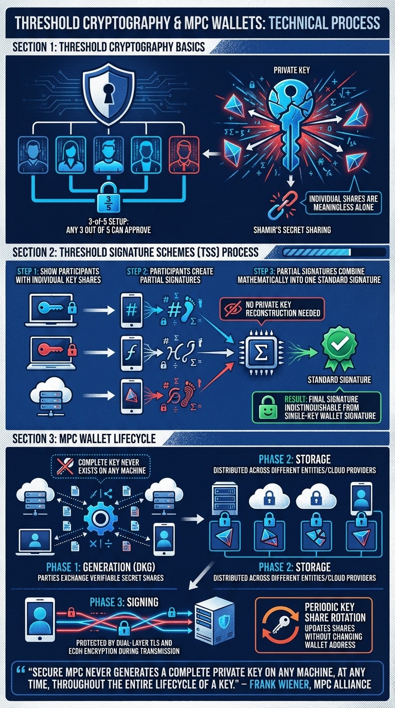 How Threshold Cryptography Works: From Key Splitting to Secure Transaction Signing