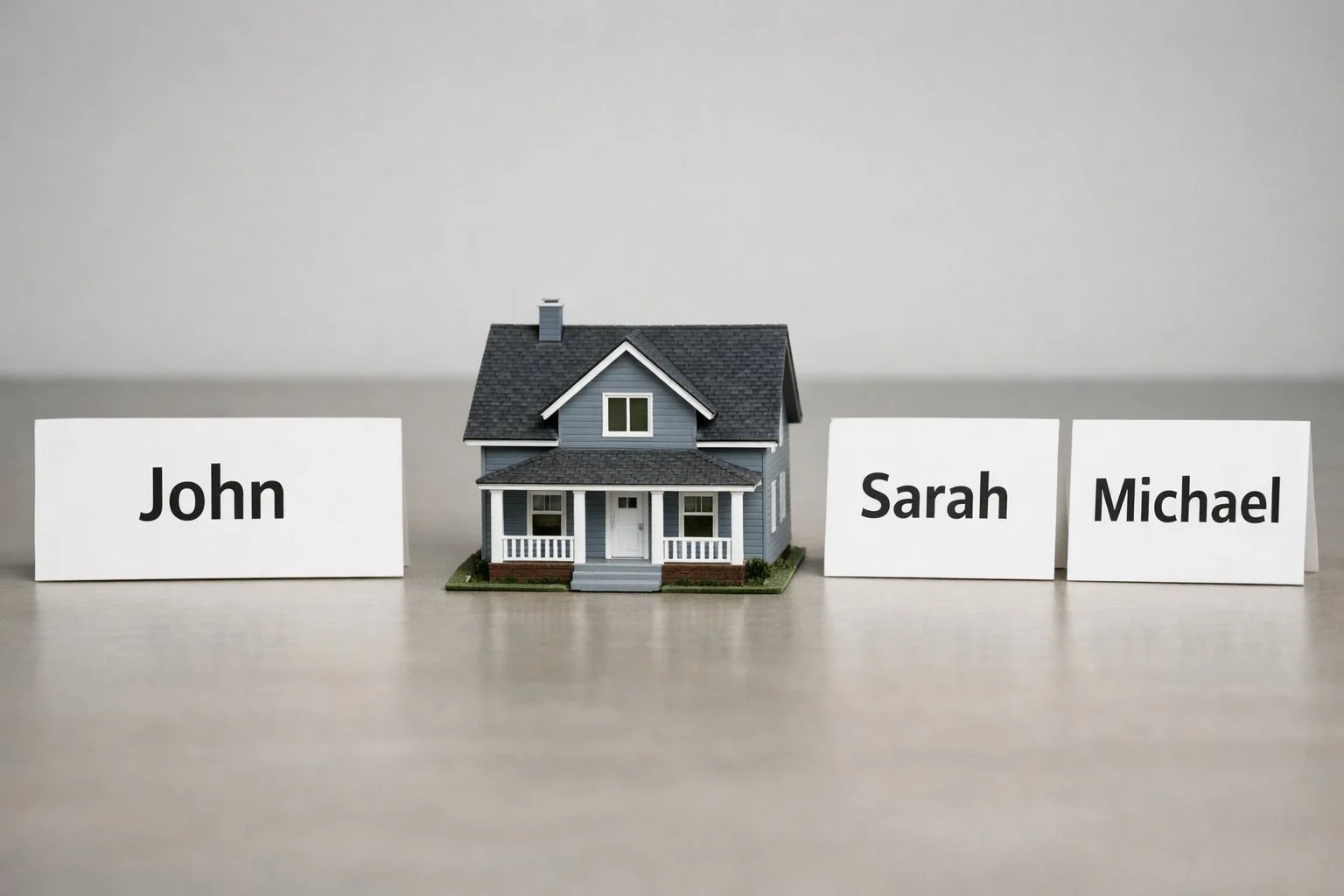 Small house model positioned between three name placards, representing shared ownership among multiple parties.