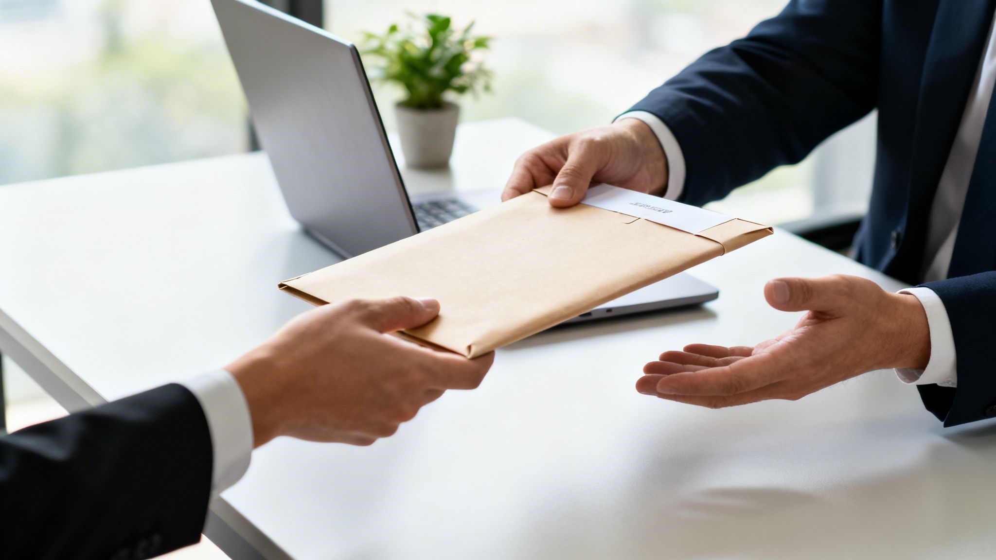 Två män i kostymer utbyter ett brunt kuvert med texten 'Ansökan' vid ett skrivbord.