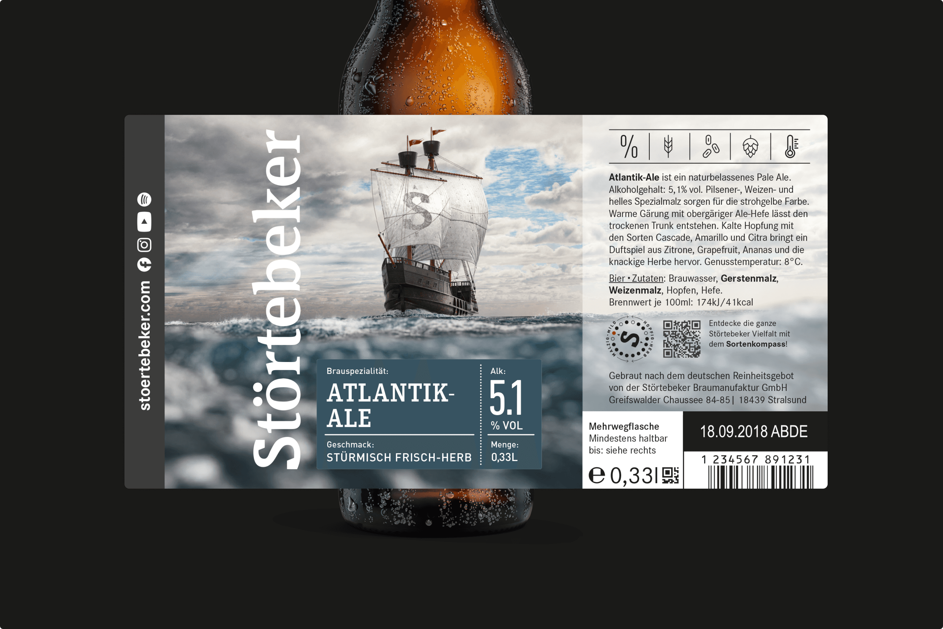 Störtebeker Atlantik-Ale beer label with sailing ship.