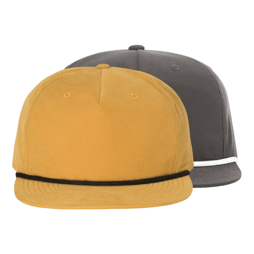 Two stylish baseball caps, one brown and one navy, showcasing sleek design and comfort.