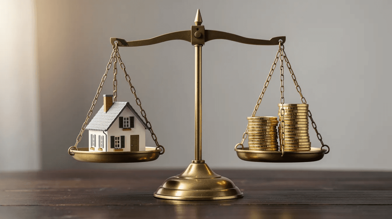 The image depicts a balanced scale, with a small model of a house representing property on one side and a stack of coins symbolizing sudden wealth on the other. This visual metaphor highlights the complexities of navigating divorce settlements and financial decisions related to assets and child support.