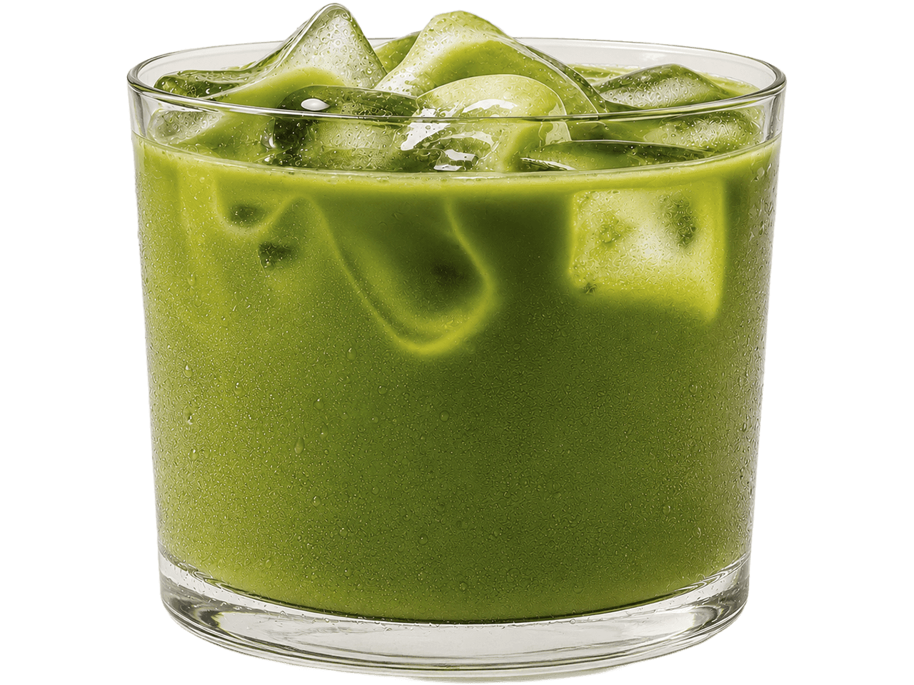 Close-up of a vibrant green iced matcha drink against a solid black background.