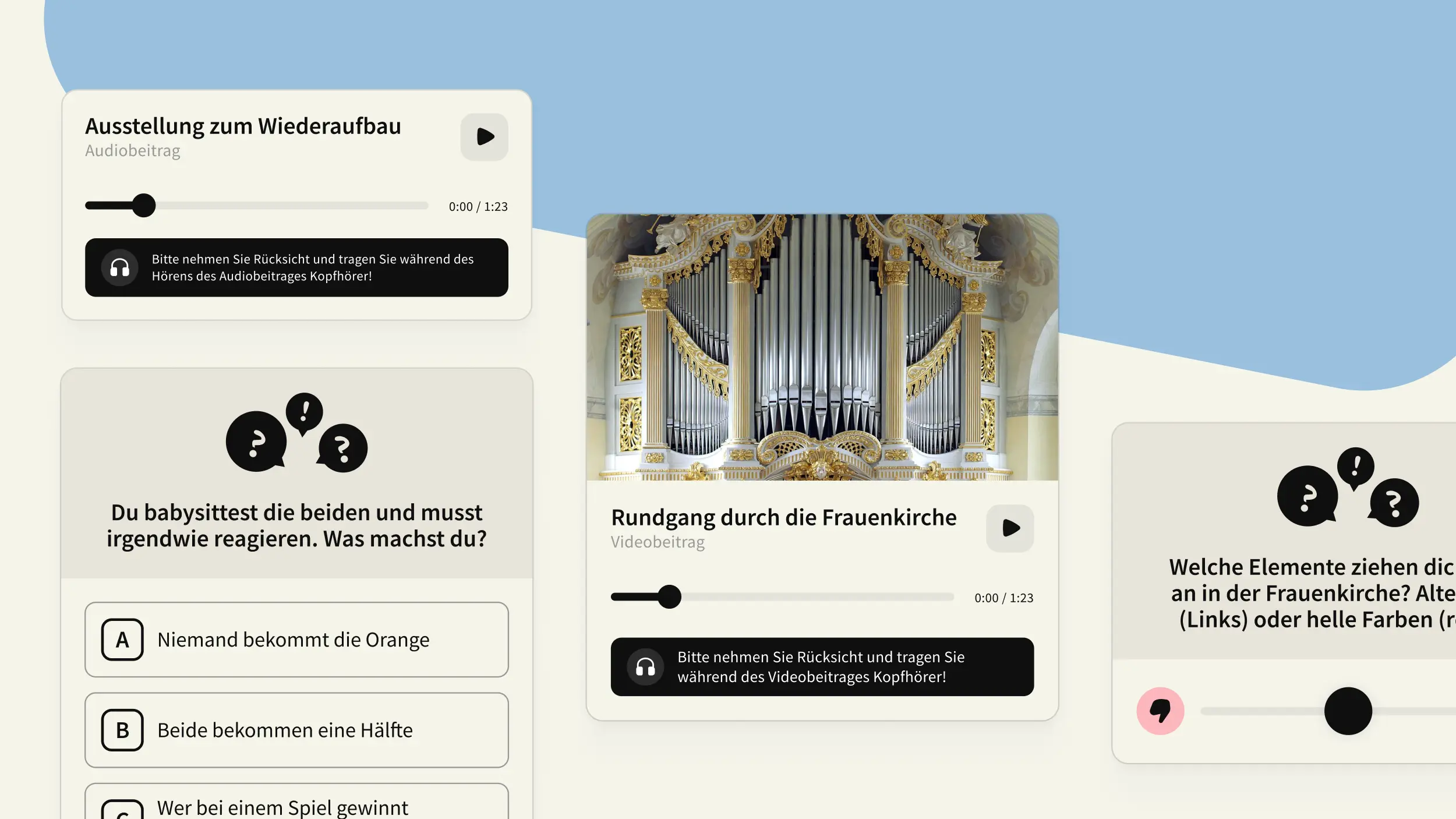 UI-Karten für Audio, Video und Quiz der App Erfahrungswege