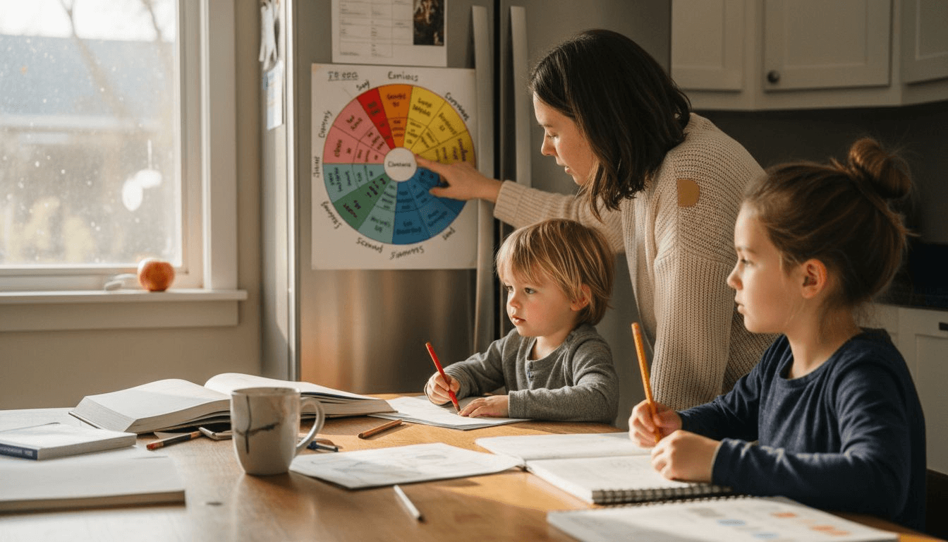 Family referencing emotion chart at kitchen table