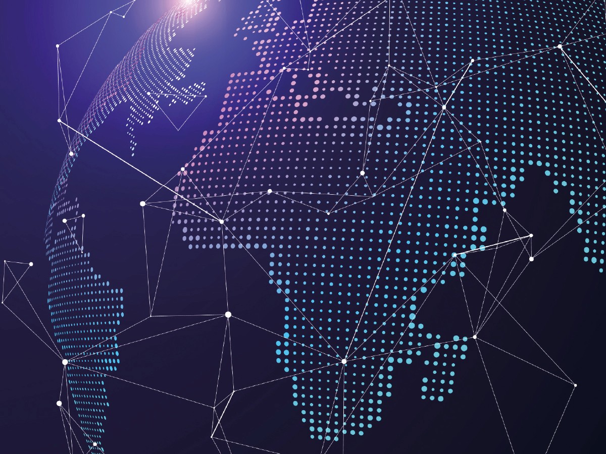 Gepunkteter digitaler Globus mit Netzwerklinien über Europa und Afrika, Regionen, die bei Kryptoregeln vorangehen, während Britannien stockt.