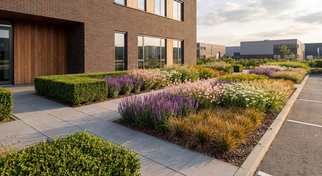 Verzorgde bedrijfsentree met strak onderhouden groene beplanting en looppaden.