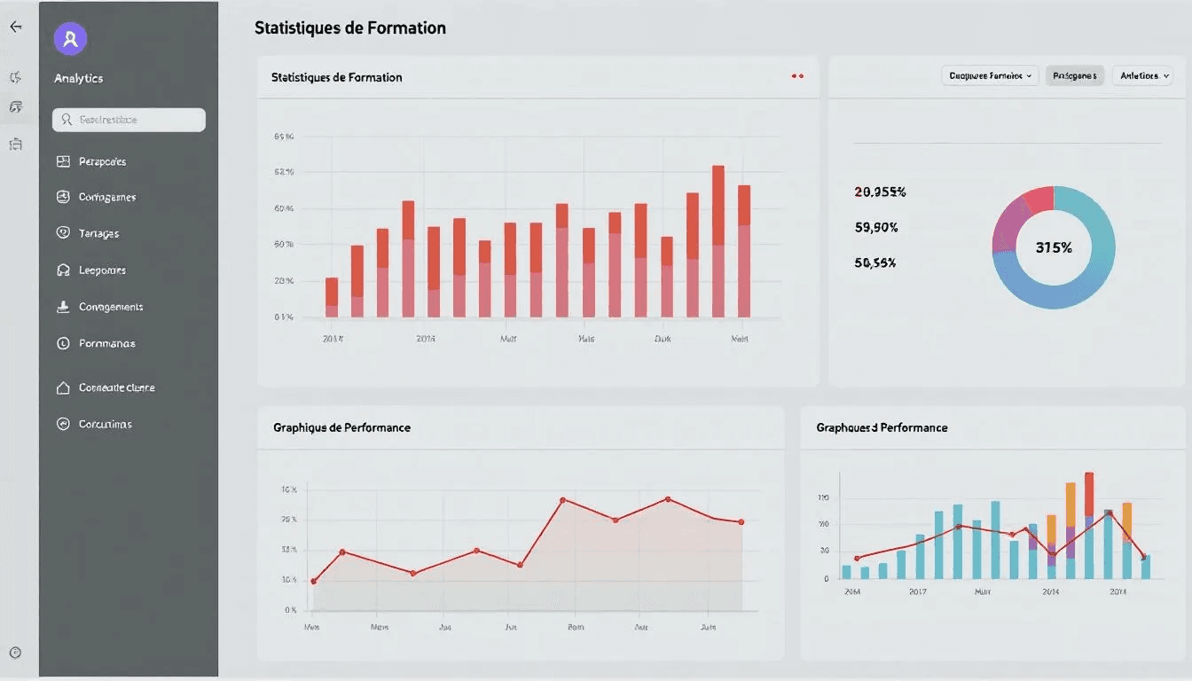 Un tableau de bord analytique affiche des statistiques de formation, incluant des graphiques de performance qui illustrent l'évolution des compétences des apprenants. Cet outil, essentiel pour les agences de digital learning, permet de mesurer l'efficacité des dispositifs de formation et d'optimiser les parcours d'apprentissage.