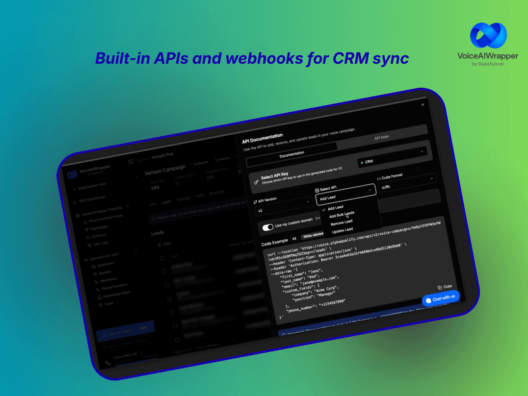 Voice AI agency white-label campaign analytics and API documentation screenshot with GoHighLevel, HubSpot, n8n, Make, and Zapier integrations | VoiceAIWrapper.