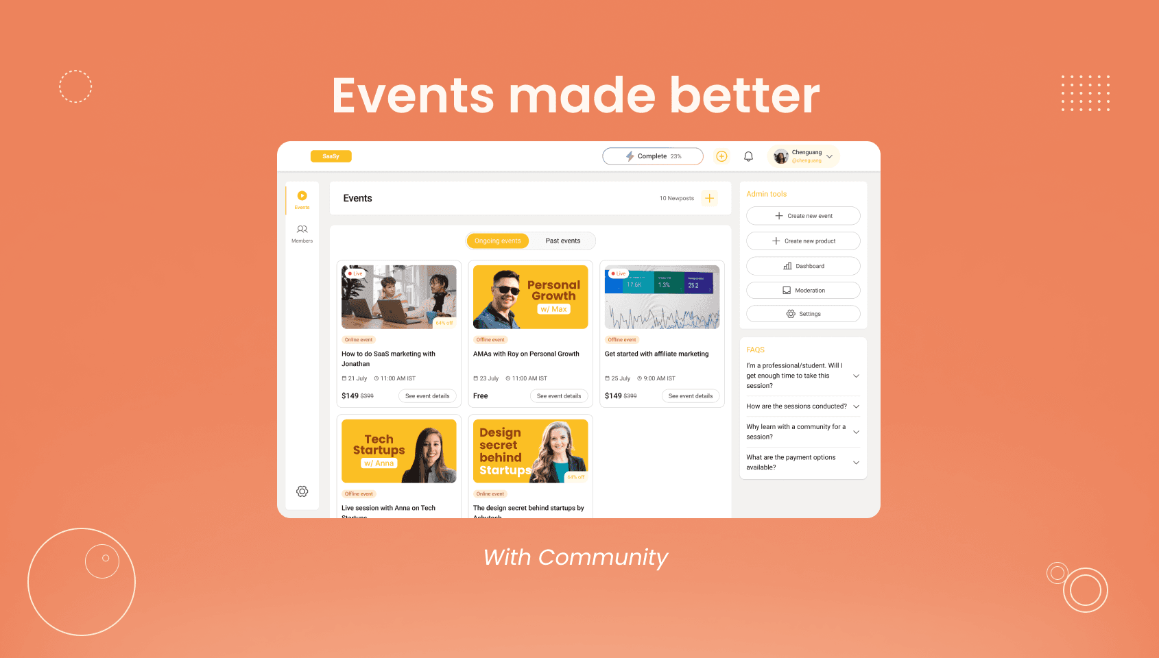 Events listed chronologically within the events tab of a creator community created using Wylo.