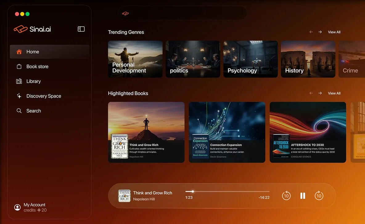 Sinai - Web system showing Trending genres and Highlighted Books