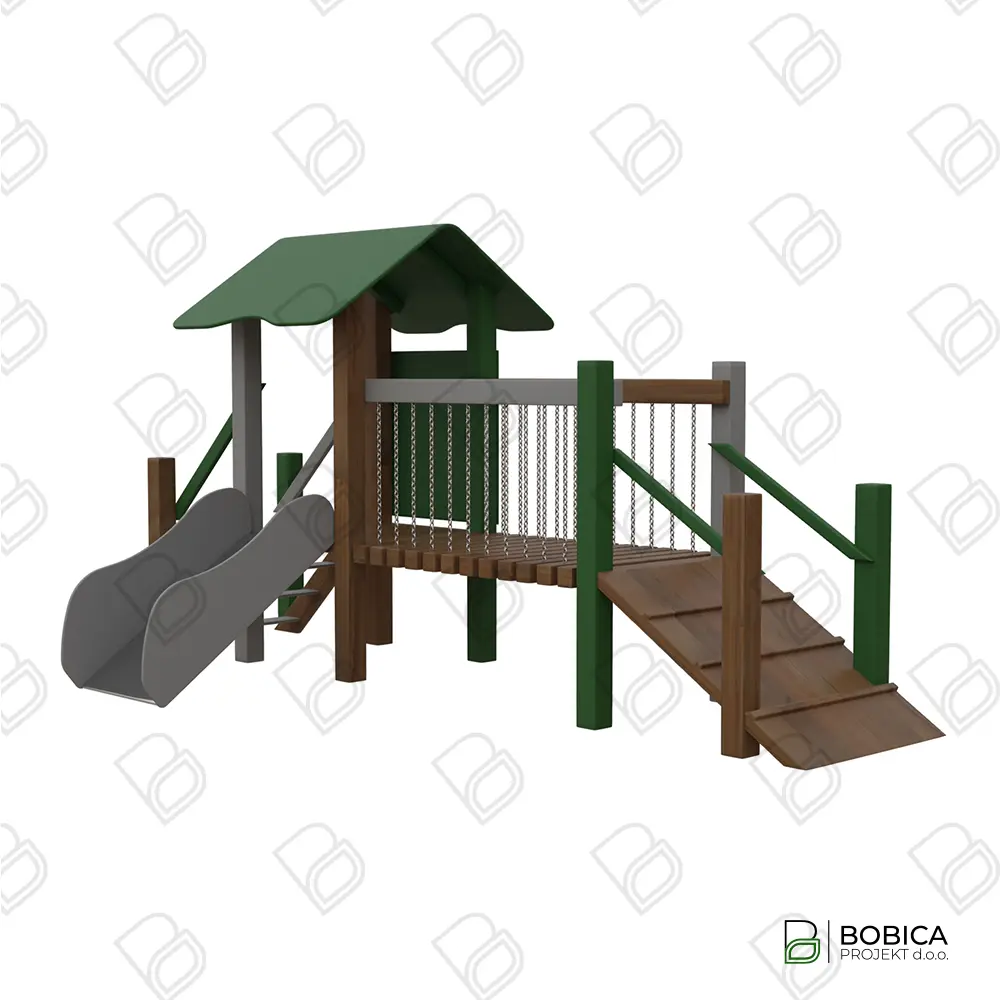 Kombinirano dječje igralo s tornjem, mostom i toboganom u prirodnim i veselim bojama za vanjske prostore – BOBICA PROJEKT