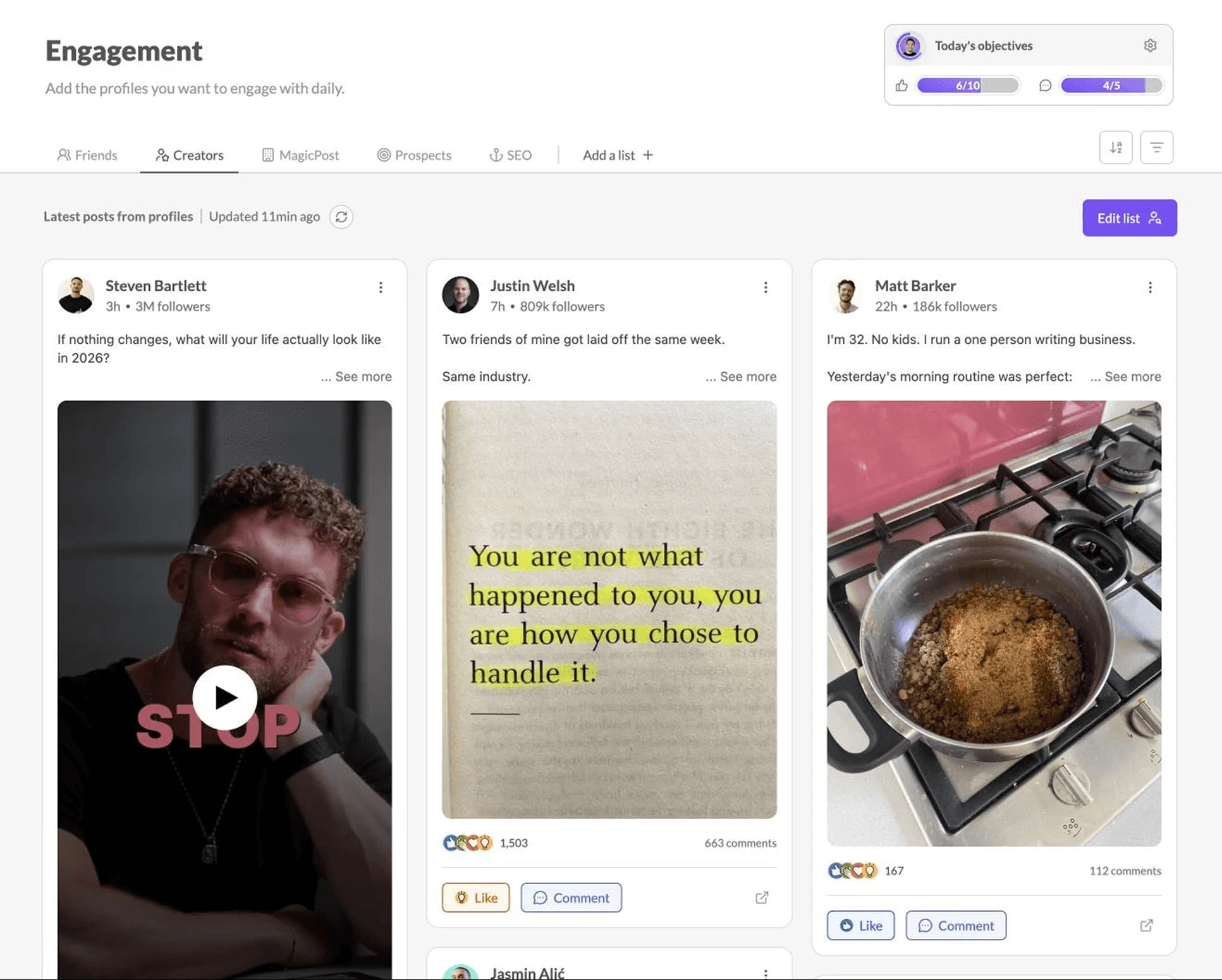 MagicPost's engagement feed