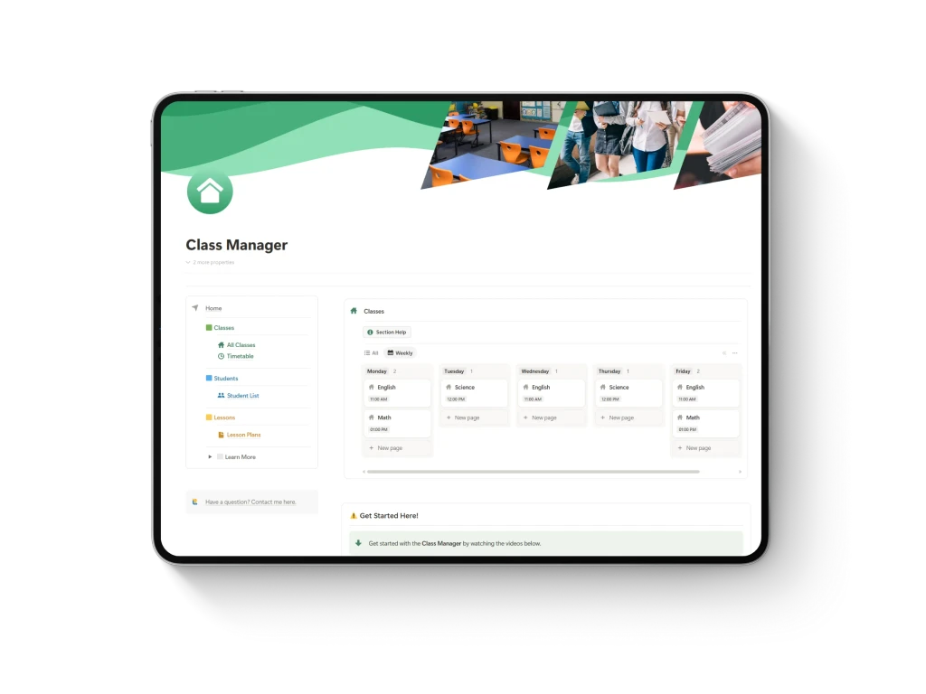 Thumbnail of Notion template for teachers and education featuring an iPad mockup displaying ‘Classroom Manager’ title with vibrant green accent colors.
