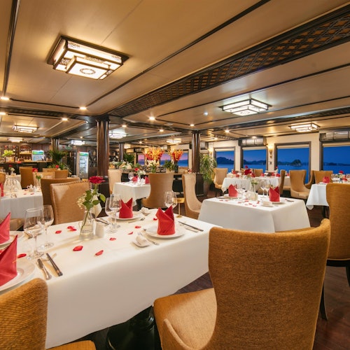 Elegant restaurantinteriør med pænt opdækkede borde, røde servietter, spredte rosenblade og stemningsfuld belysning.