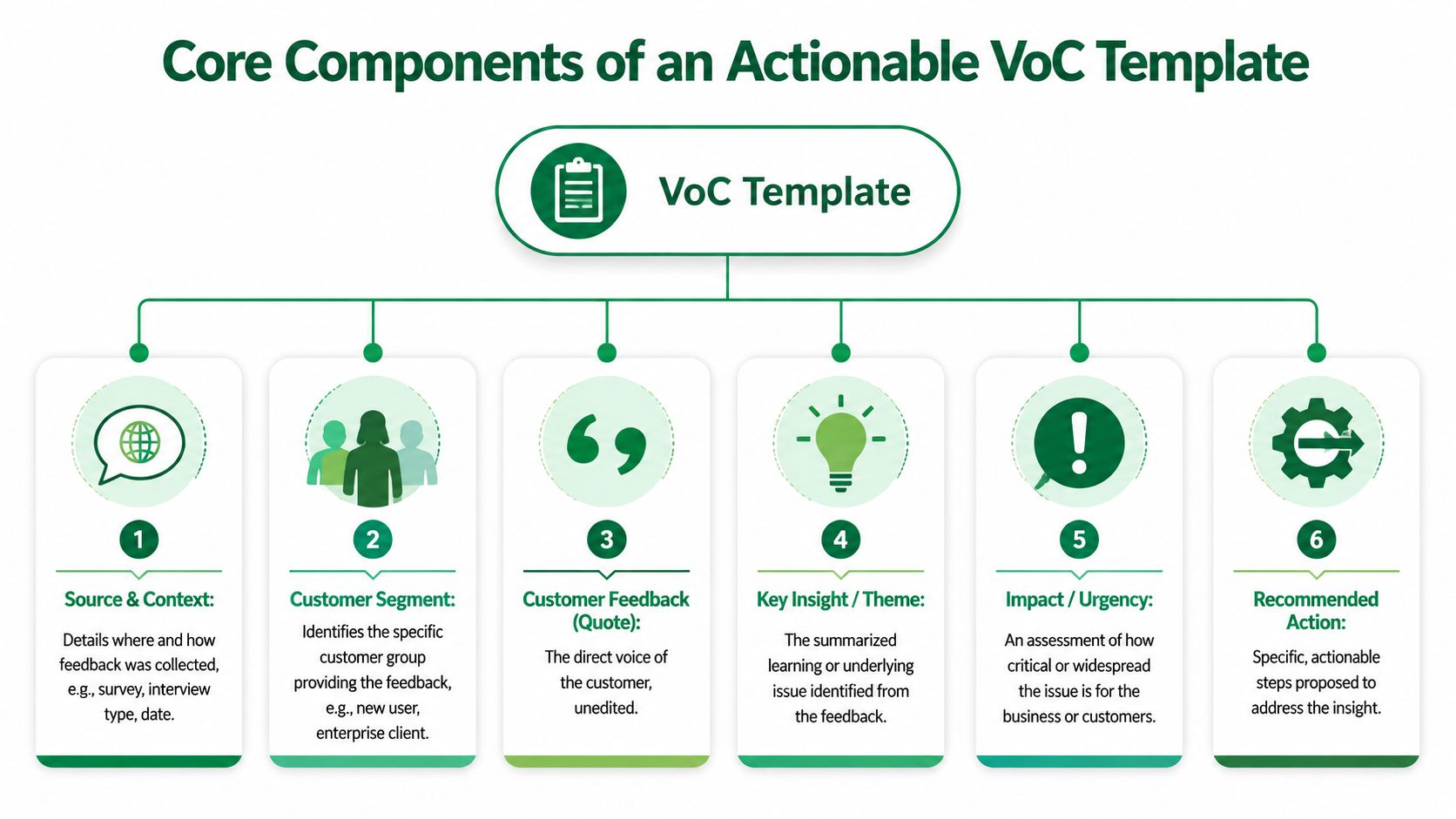 An infographic showing the six core components of an actionable Voice of the Customer template.