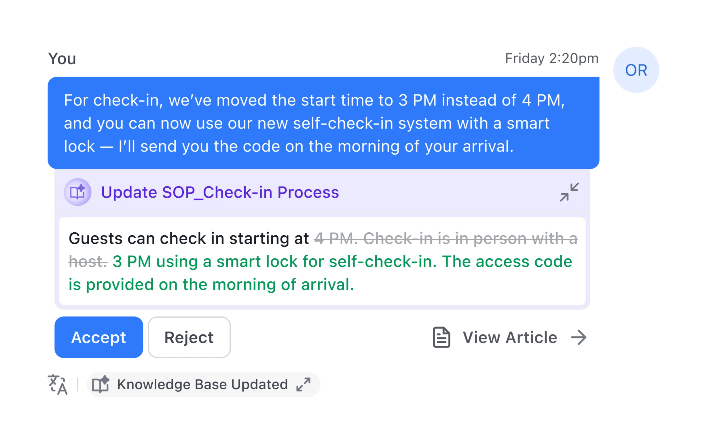 EnsoAI Prompt asking to update the check-in information based on new information