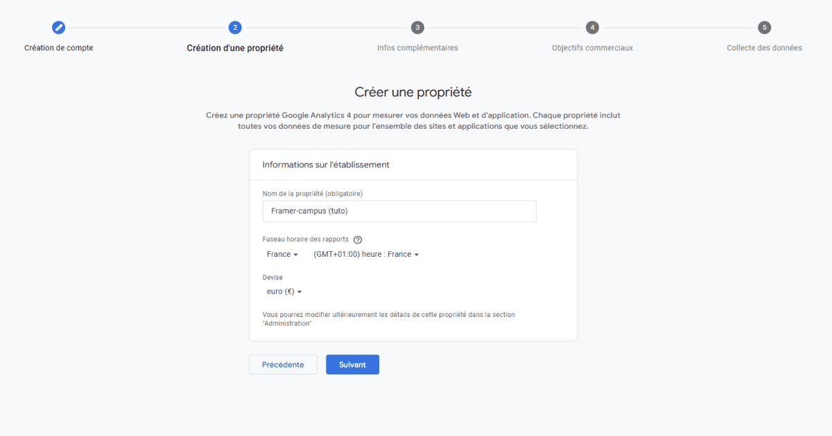 Création d’une propriété Google Analytics pour un site Framer avec choix du nom et du fuseau horaire