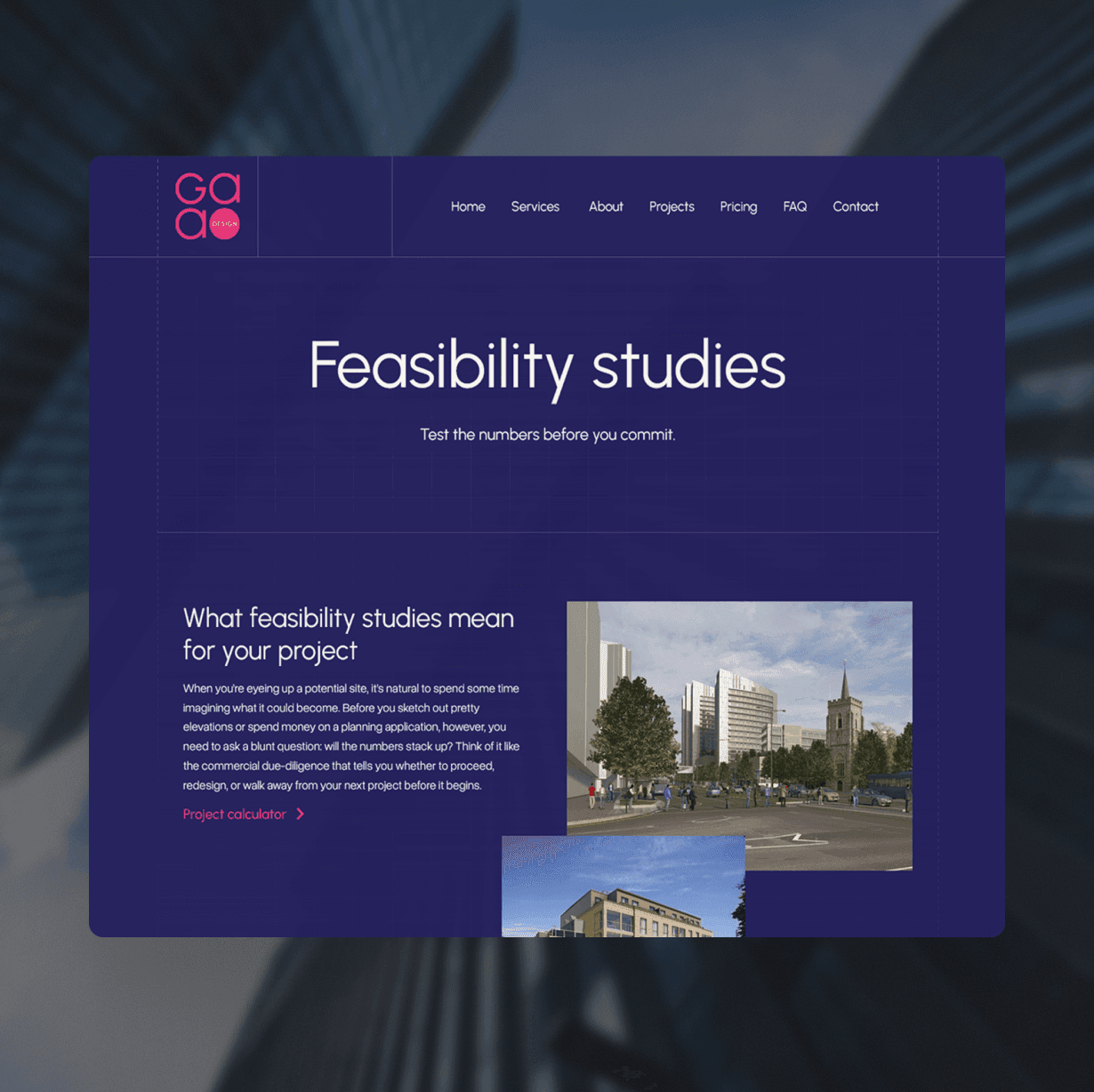 Website homepage for GAae with text "Feasibility studies" and a city building image. Test the numbers before you commit.