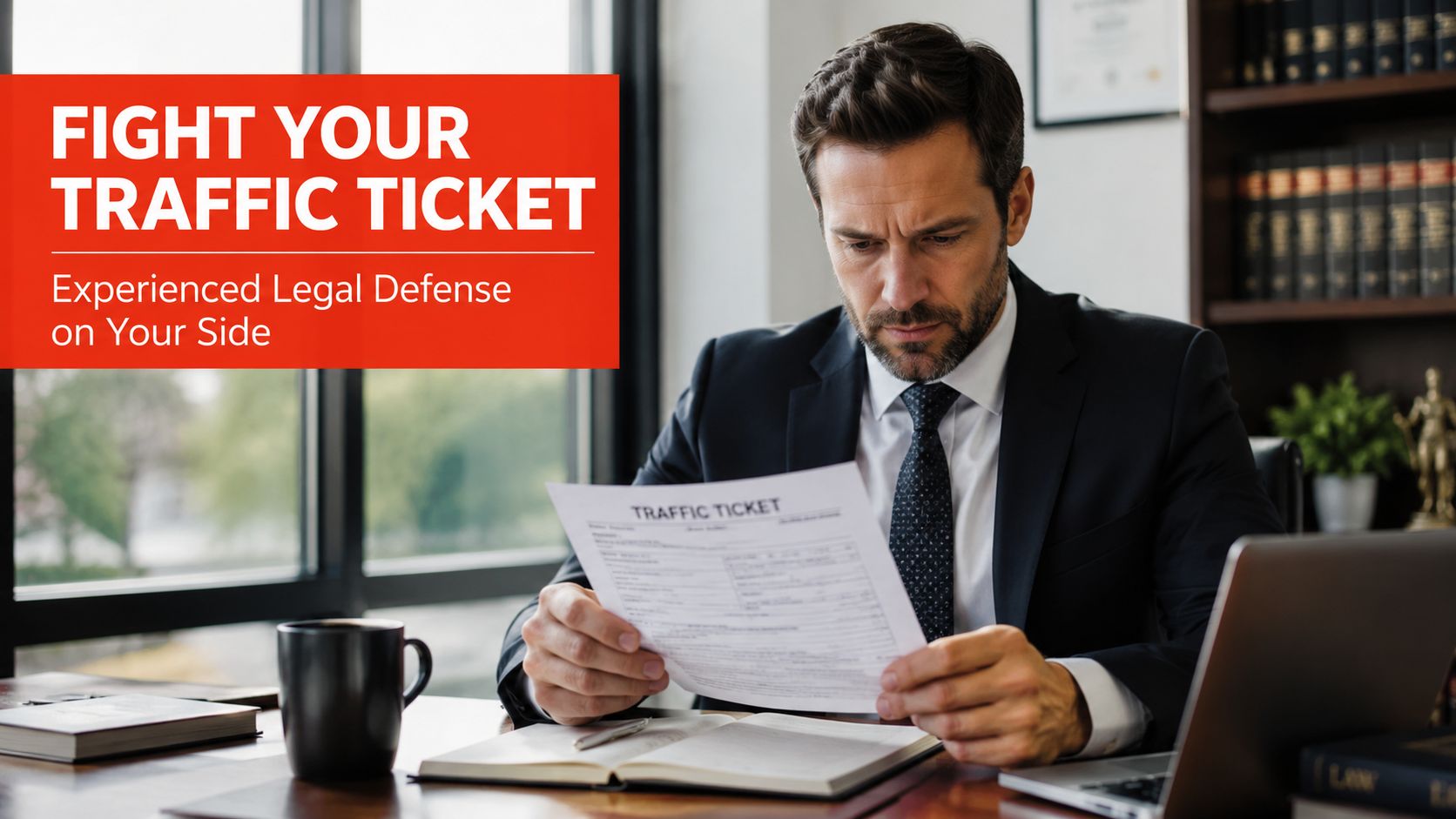 A lawyer at his desk carefully examining a traffic ticket, representing legal assistance for driving violations.