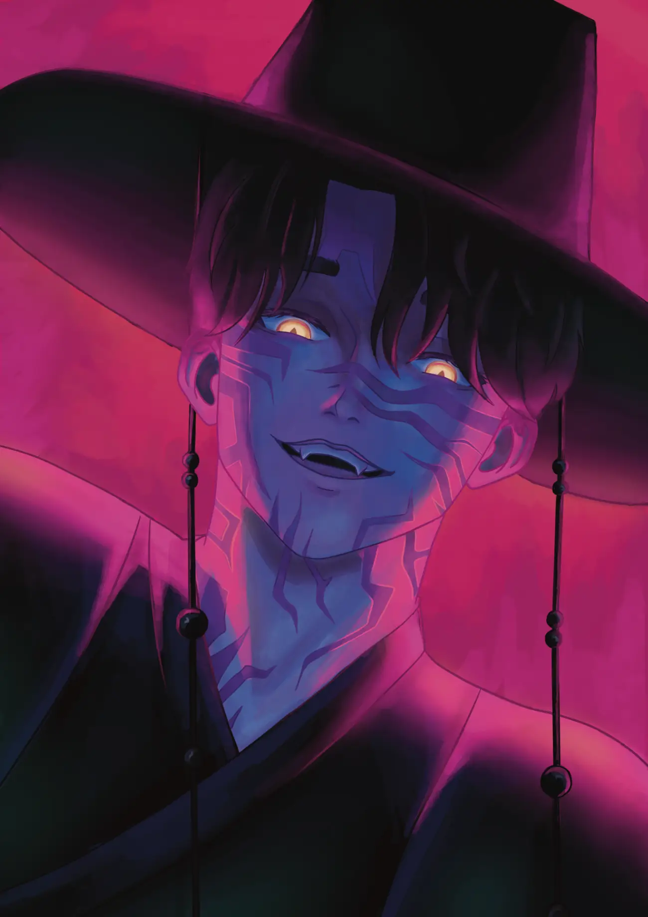 Digital portrait of smiling Jinu in a wide-brimmed black hat with glowing blue facial markings - by Tiffany Springett.