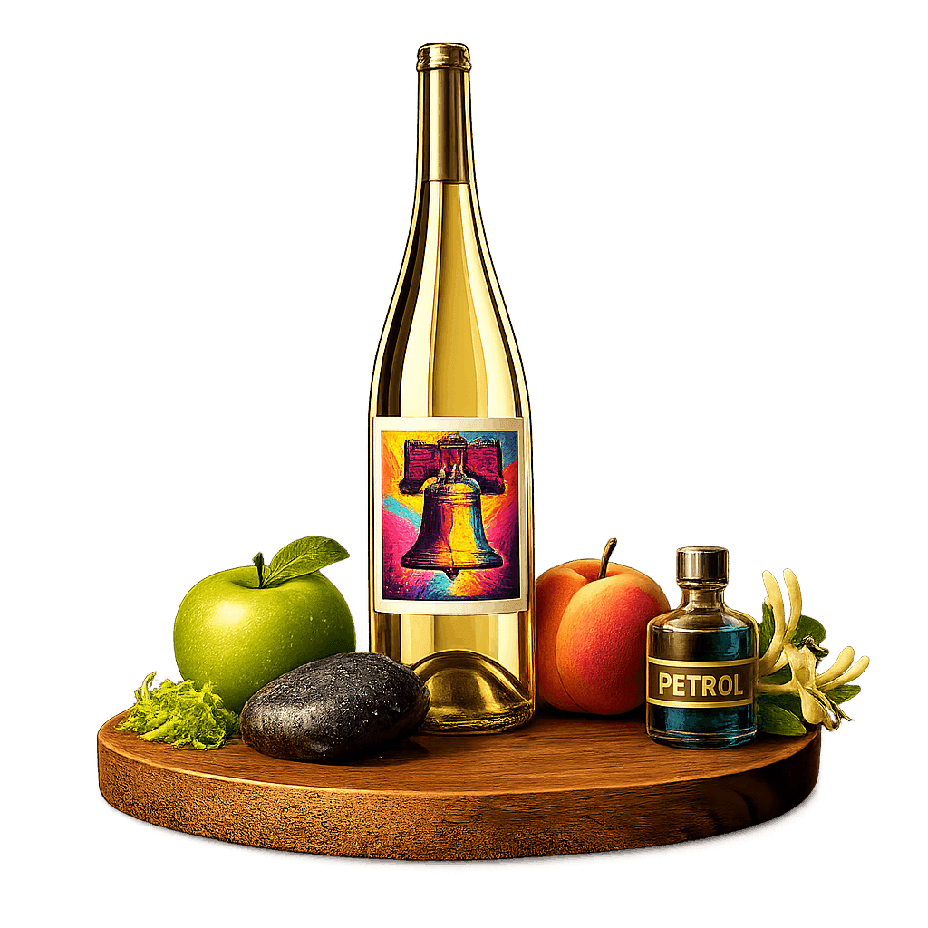 Artistic label and flavor profile for Pennsylvania Riesling on a rustic wooden table.