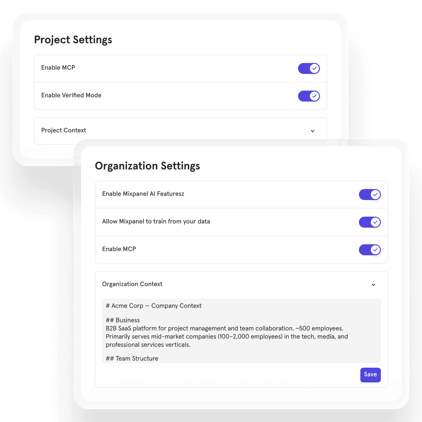 Mixpanel Context Engine project and organization settings panels showing AI data governance controls, MCP configuration, and AI-generated business context input for trusted AI analytics.