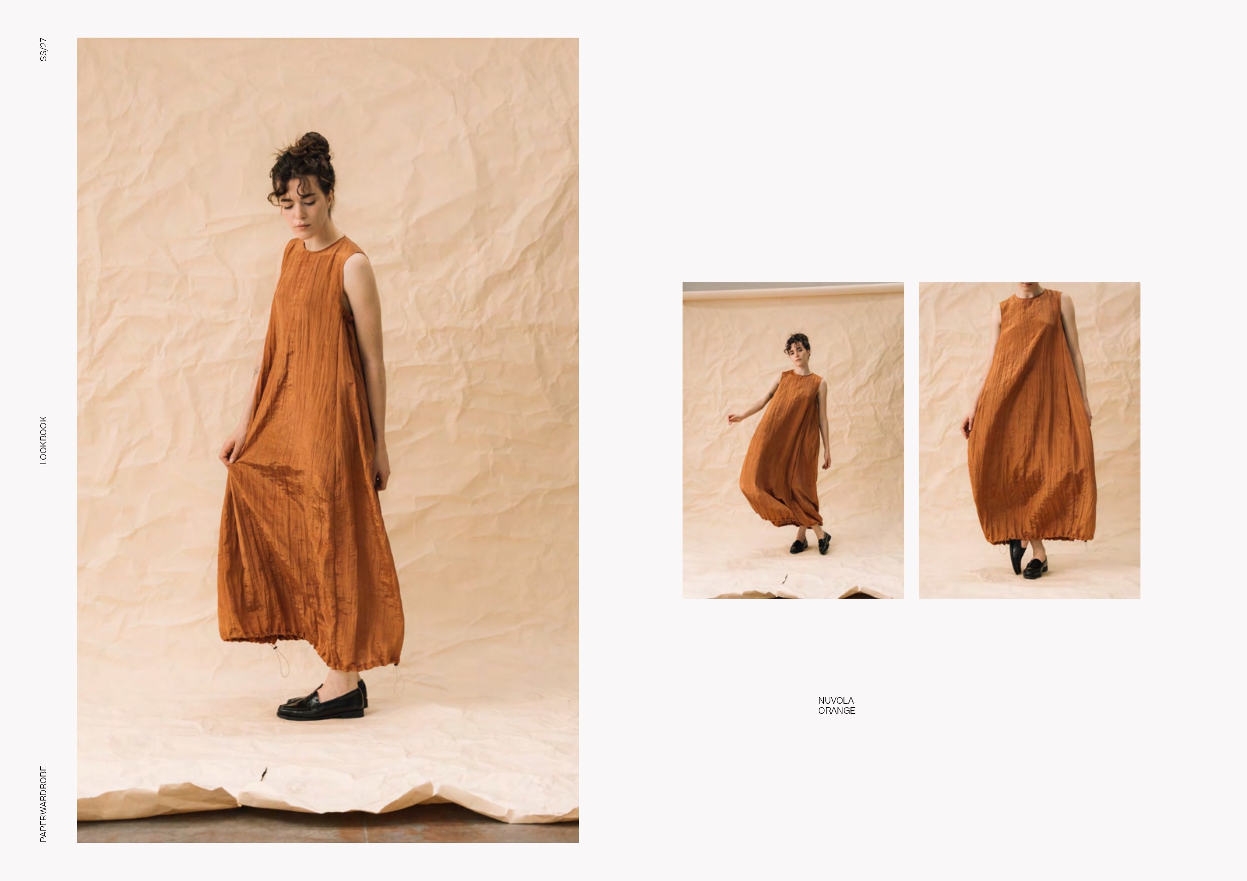 Trois photo d'une femme portant une robe ample et sans manche orange brique